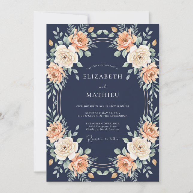 Invitación Boda Botánica Rosa Melocotón Navy (Anverso)