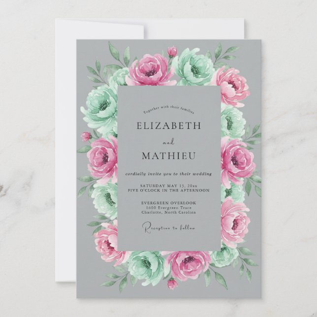 Invitación Boda Botánica Rosa Menta Gris (Anverso)