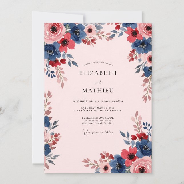 Invitación Boda Botánica Rosa Rubor Audaz (Anverso)