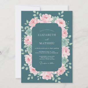 Invitación Boda Botánica Rosa Teal Profundo