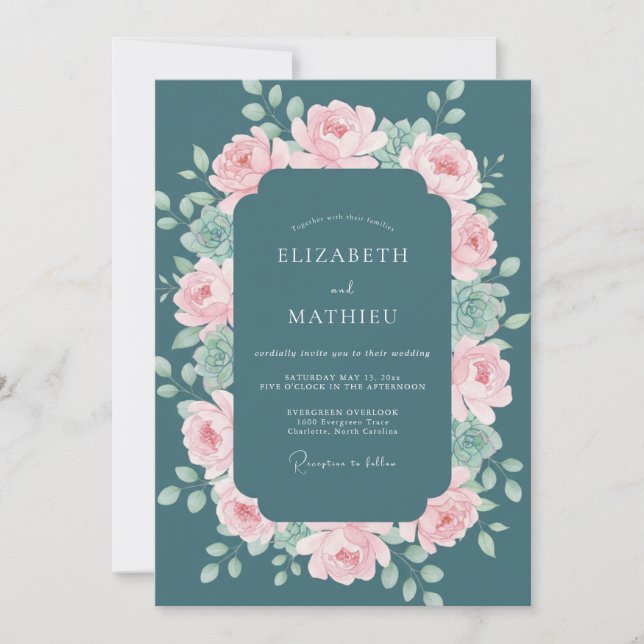 Invitación Boda Botánica Rosa Teal Profundo (Anverso)
