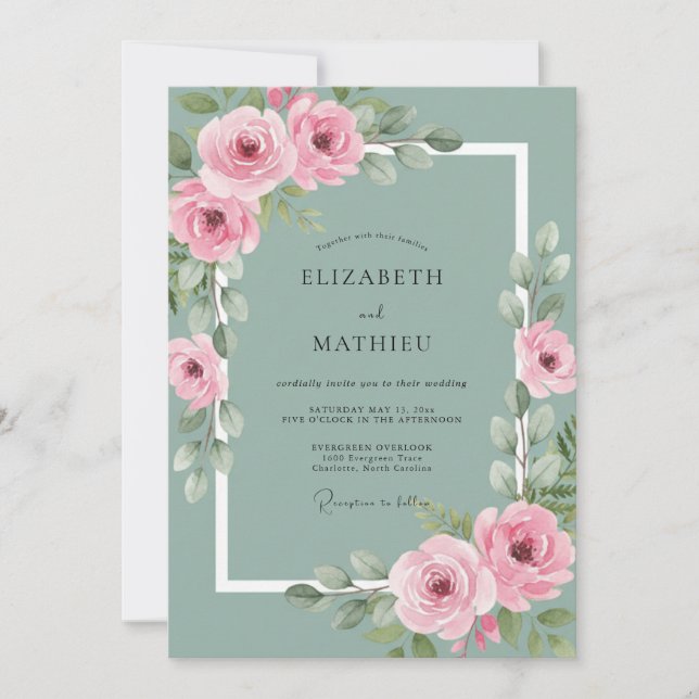 Invitación Boda Botánica Rosa Verde Salvia Pulida (Anverso)