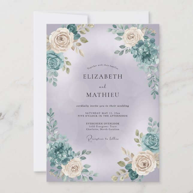Invitación Boda Botánica Rosa Verde Teal (Anverso)