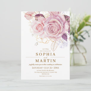 Invitación Boda Botánica Rosas Polvorientas Rosa Tono Eleganc