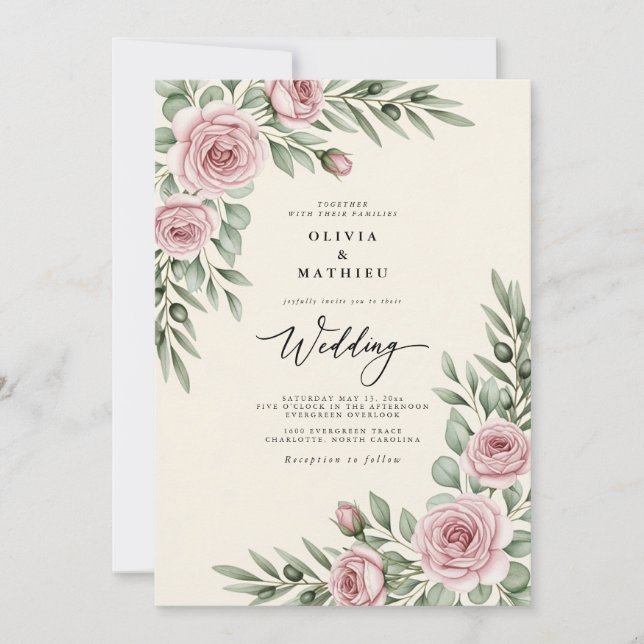 Invitación Boda Botánica Rubor Rosa (Anverso)