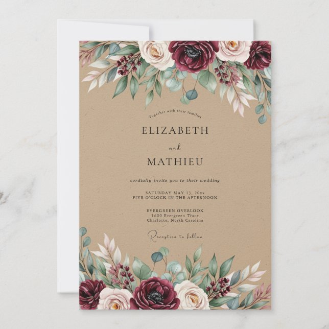 Invitación Boda Botánica Rústica de Borgoña (Anverso)