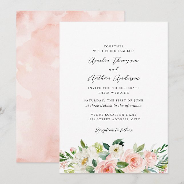 Invitación Boda Botánica Rústica de Campo Rosa Rubor (Anverso / Reverso)