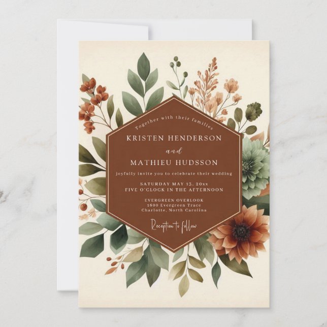 Invitación Boda Botánica Rústica de Terracota (Anverso)