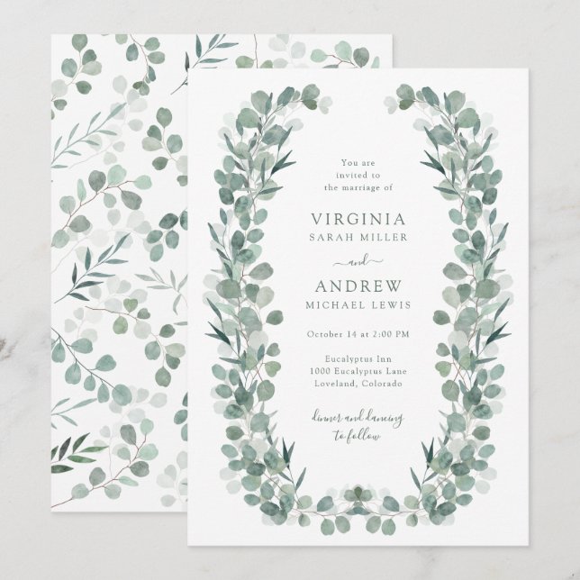 Invitación Boda Botánica Rústica Elegante de Eucalipto (Anverso / Reverso)