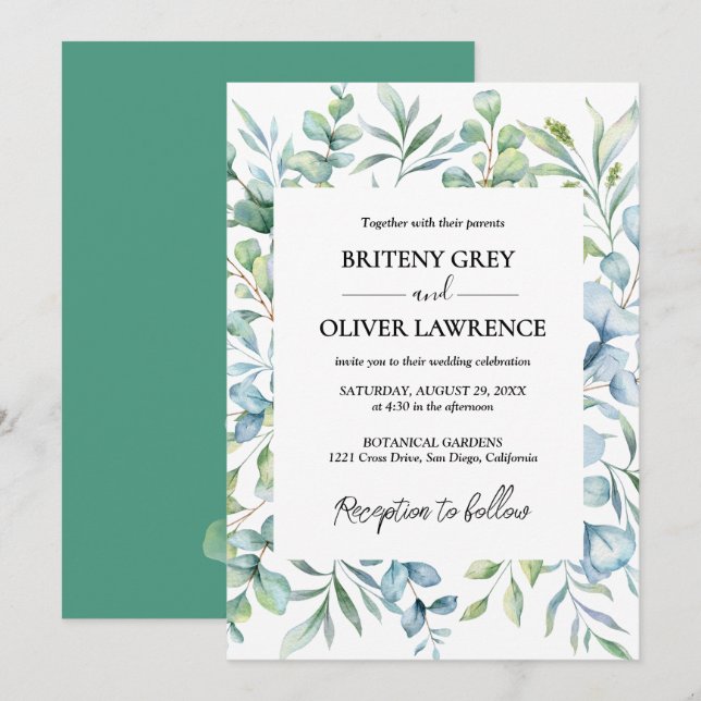 Invitación Boda Botánica Rústica Eucalipto Verde (Anverso / Reverso)