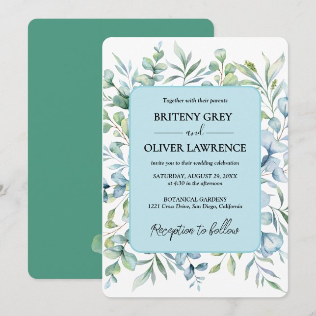 Invitación Boda Botánica Rústica Eucalipto Verde (Anverso / Reverso)