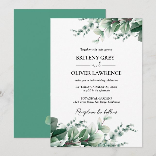 Invitación Boda Botánica Rústica Eucalipto Verde (Anverso / Reverso)