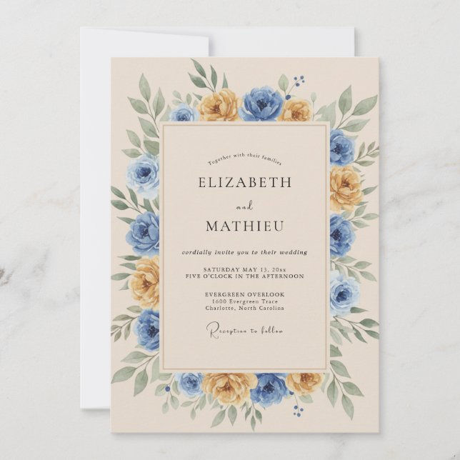 Invitación Boda Botánica Rústica Marigold Azul (Anverso)
