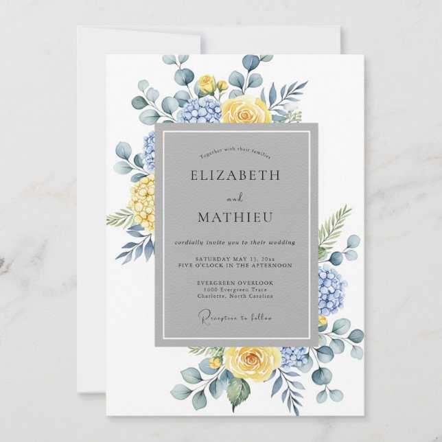 Invitación Boda Botánica Serena Amarillo Azul (Anverso)