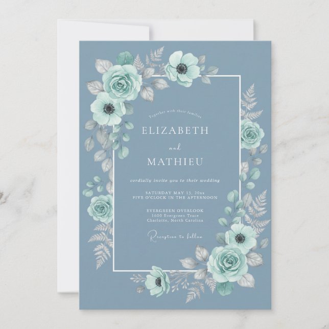 Invitación Boda Botánica Serena Azul Acero (Anverso)
