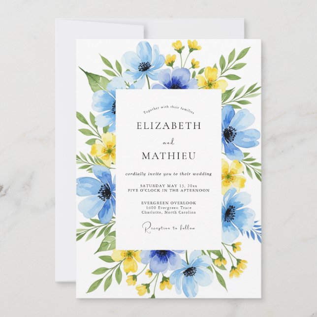 Invitación Boda Botánica Serena Azul Celeste (Anverso)