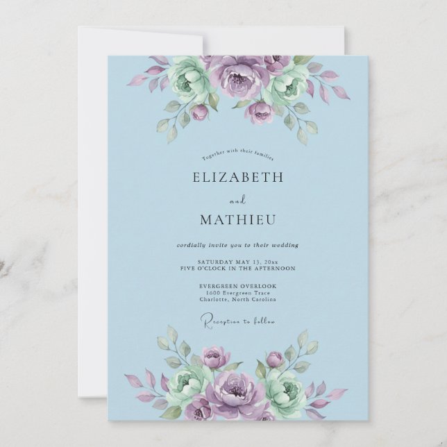Invitación Boda Botánica Serena Azul Claro (Anverso)