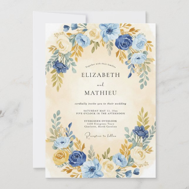 Invitación Boda Botánica Serena Azul Índigo (Anverso)