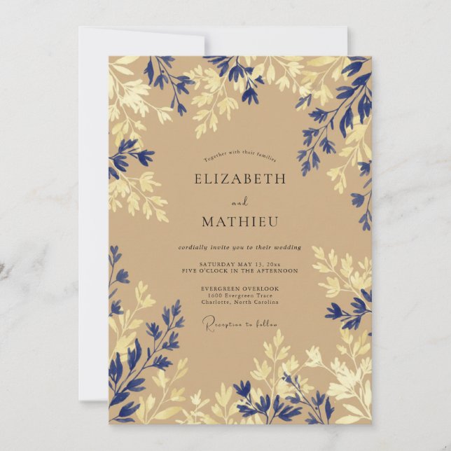 Invitación Boda Botánica Serena Azul Marino (Anverso)