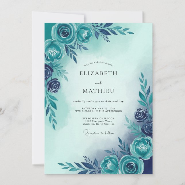 Invitación Boda Botánica Serena Azul Turquesa (Anverso)