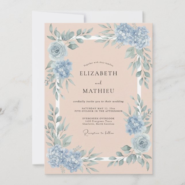 Invitación Boda Botánica Serena de Azul Melocotón (Anverso)