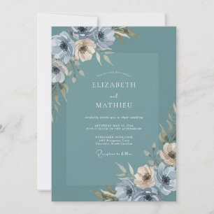 Invitación Boda Botánica Serena en Azul Turquesa Polvoriento