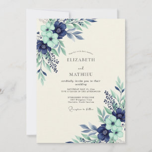 Invitación Boda Botánica Serena en Verde Menta y Azul Marino