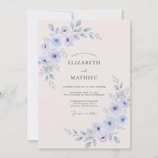 Invitación Boda Botánica Silenciada de Periwinkle (Anverso)