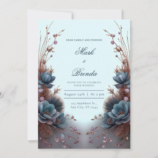Invitación Boda Botánica Simétrica Moderna Azul Teal (Anverso)