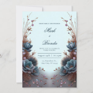 Invitación Boda Botánica Simétrica Moderna Azul Turquesa