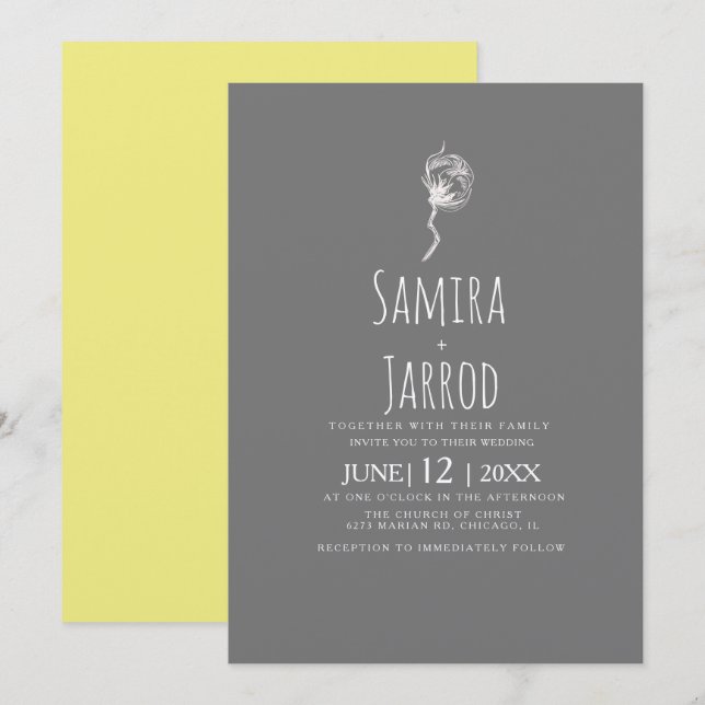 Invitación Boda Botánica Simple Amarillo y Gris (Anverso / Reverso)
