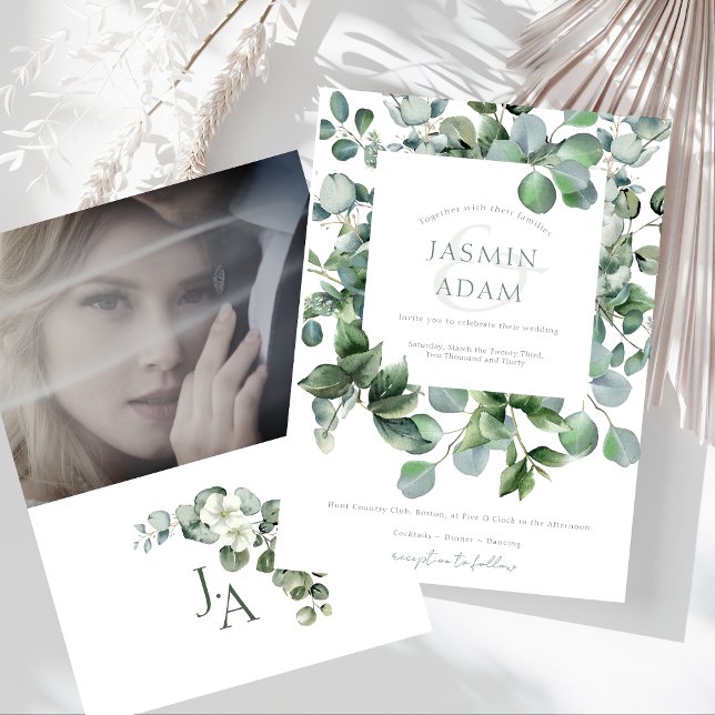 Invitación Boda Botánica Simple de Eucalipto (Simple Eucalyptus Leaves Greenery Photo Wedding Invitation)
