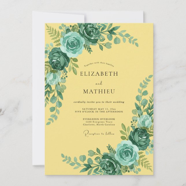 Invitación Boda Botánica Sofisticada Amarillo Teal (Anverso)