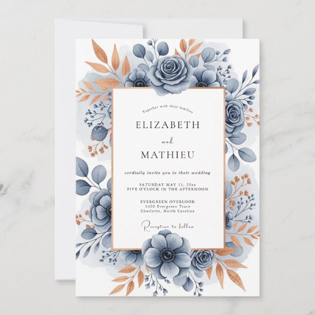 Invitación Boda Botánica Sofisticada Azul Pizarra (Anverso)