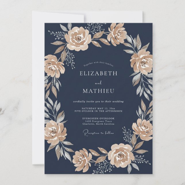Invitación Boda Botánica Sofisticada de Azul Marino (Anverso)