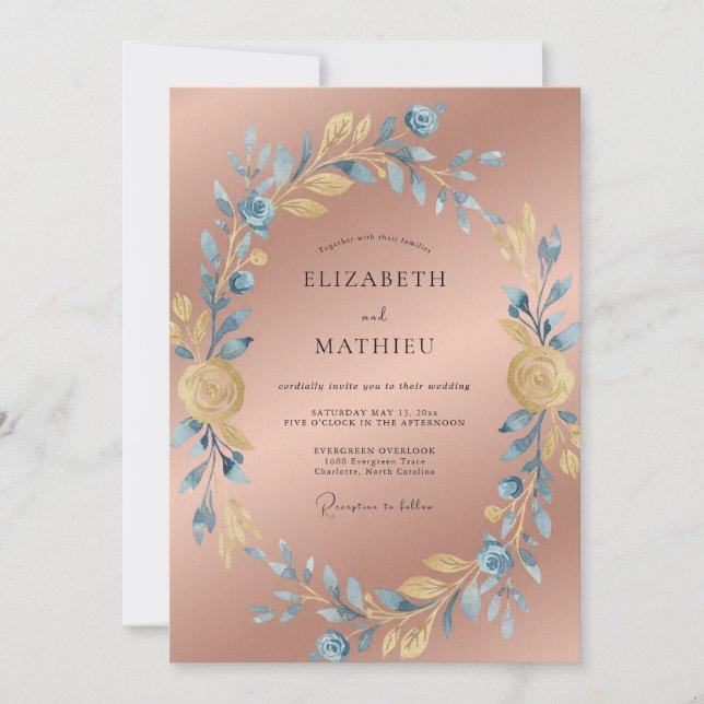 Invitación Boda Botánica Sofisticada de Rosa Dorada (Anverso)
