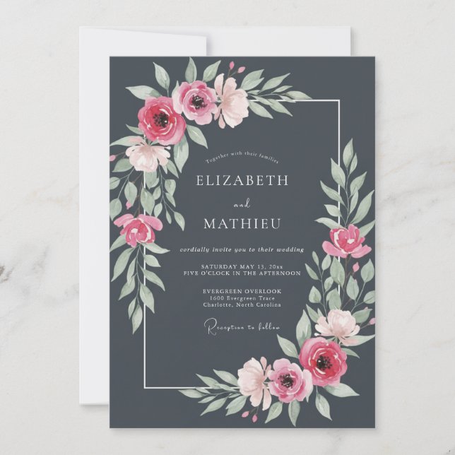 Invitación Boda Botánica Sofisticada Gris Acero (Anverso)