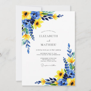 Invitación Boda Botánica Soleada Azul Cobalto