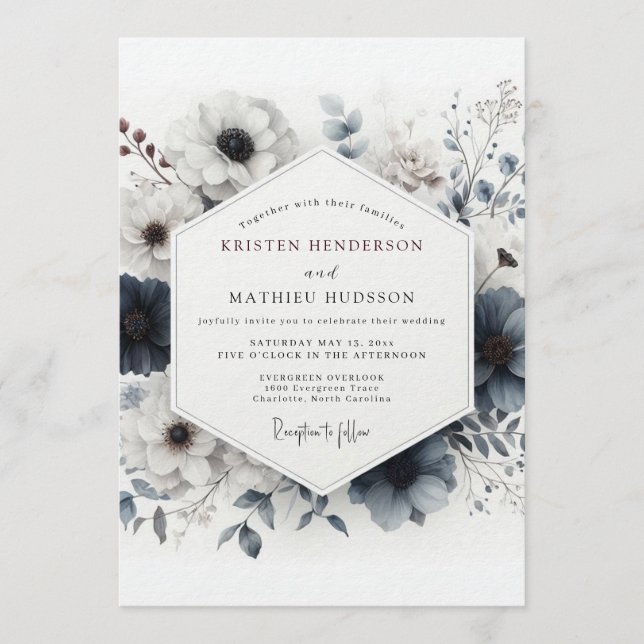 Invitación Boda Botánica Sombría de Azul Polvoriento (Anverso)