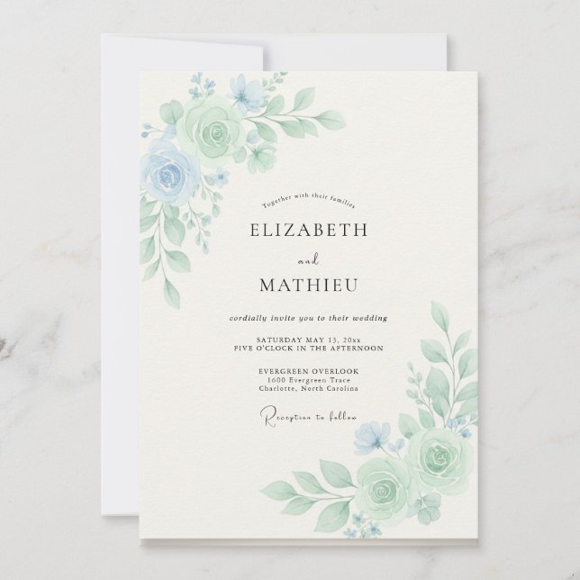 Invitación Boda Botánica Soñadora de Azul Polvo (Anverso)