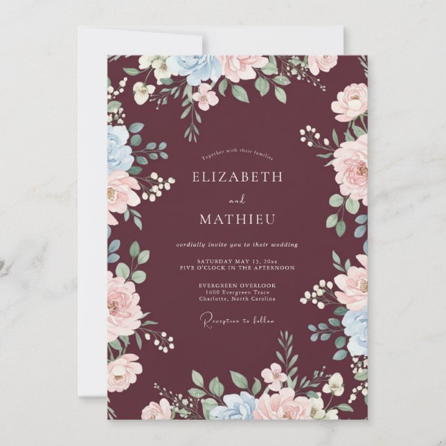 Invitación Boda Botánica Soñadora de Borgoña (Anverso)