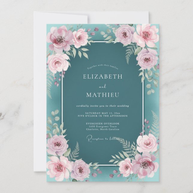 Invitación Boda Botánica Soñadora de Verde Teal Oscuro (Anverso)