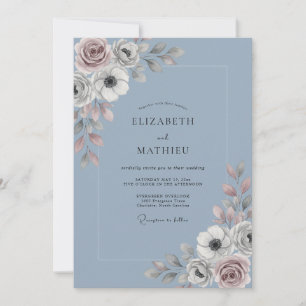 Invitación Boda Botánica Suave Azul Pizarra