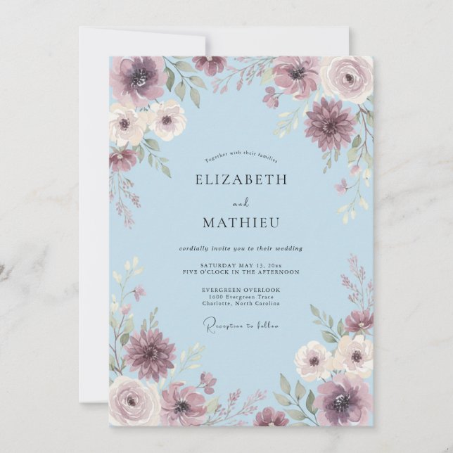 Invitación Boda Botánica Suave Azul Polvo (Anverso)
