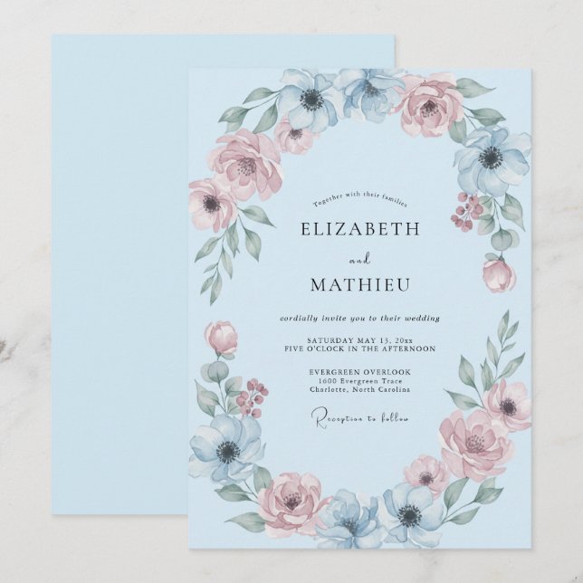 Invitación Boda Botánica Suave de Azul Celeste (Anverso / Reverso)