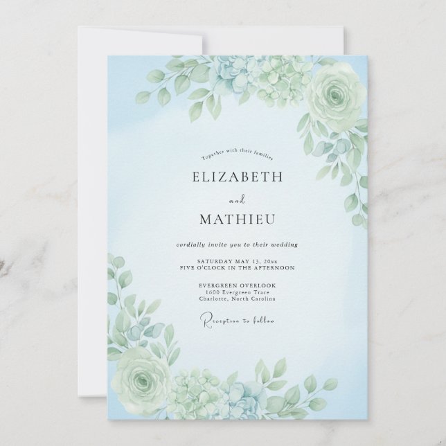 Invitación Boda Botánica Suave de Azul Polvoriento (Anverso)
