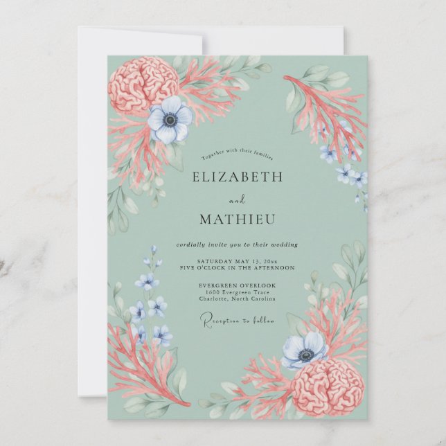 Invitación Boda Botánica Suave de Coral (Anverso)