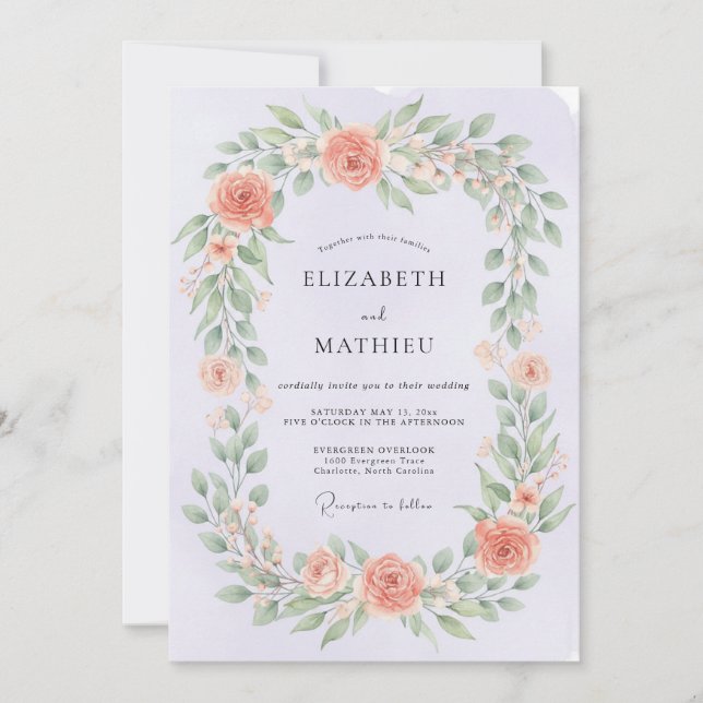 Invitación Boda Botánica Suave de Coral (Anverso)