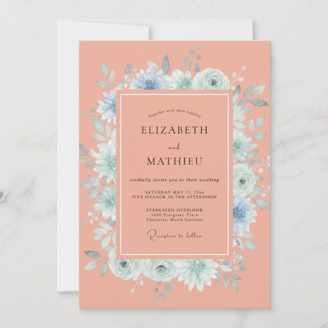Invitación Boda Botánica Suave de Coral de Verano (Anverso)