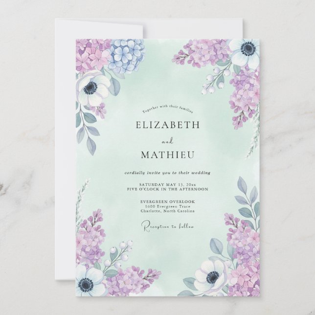Invitación Boda Botánica Suave de Lila (Anverso)